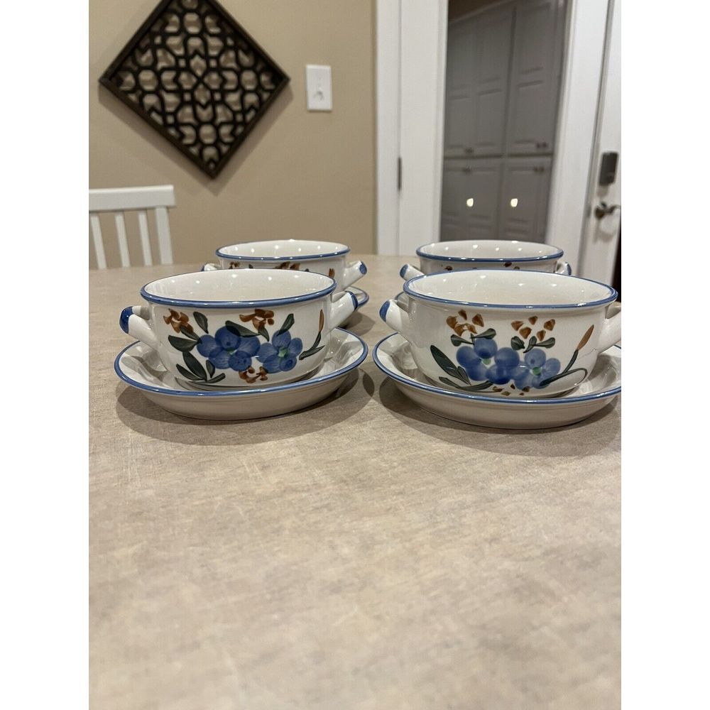 PMC Blue Floral Heavy Stoneware Soup Bowls And Saucers 8 pieces - 4 Of Each